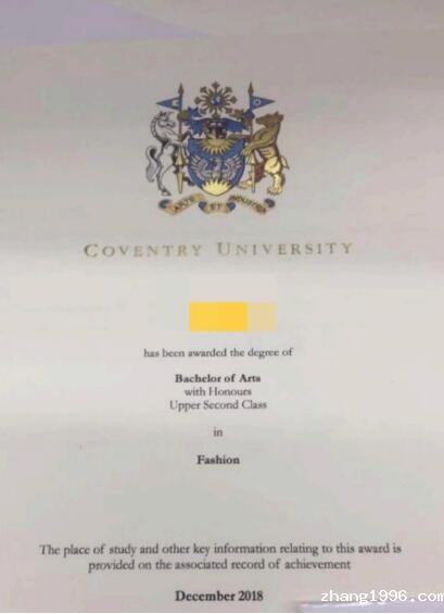 英国考文垂大学本科学士学位证书样式